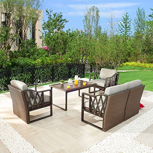 Festival Depot 5pcs Outdoor Furniture Patio Conversation Set Sectional Sofa Chairs All Weather Brown Rattan Wicker Slatted Coffee Table with Grey Thick Seat Back Cushions, Black