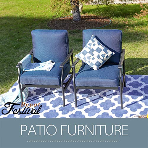 Festival Depot 2 of Outdoor Patio Bistro Armrest Chairs with Cushions Set Premium Fabric Metal Frame Furniture Set Garden Dining Seating Chair Thick & Soft Cushions