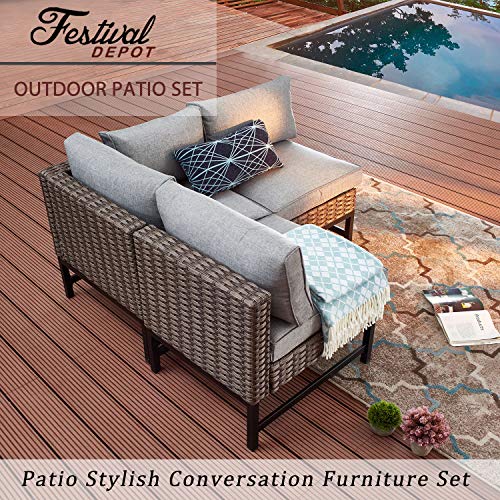 Festival Depot 3 Pieces Patio Sectional Corner Sofa Set Outdoor All-Weather Wicker Metal Chairs with Seating Back Cushions Garden Poolside (Gray) 
