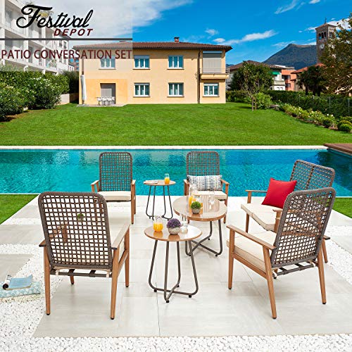 Festival Depot 8 Pieces Patio Outdoor Furniture Conversation Set with Metal Side Coffee Side Table Wooden-Color Steel Wicker Weaving Mesh Back Armchair with Cushions (Khaki) 