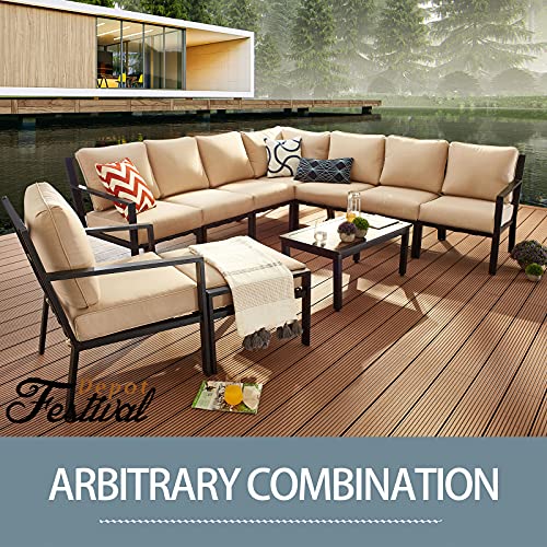 Festival Depot 8 Pieces Patio Furniture Set All-Weather Polyester Fabrics Metal Frame Sofa Outdoor Conversation Set Sectional Corner Couch with Cushions & Coffee Table for Deck Poolside Balcony(Beige) 