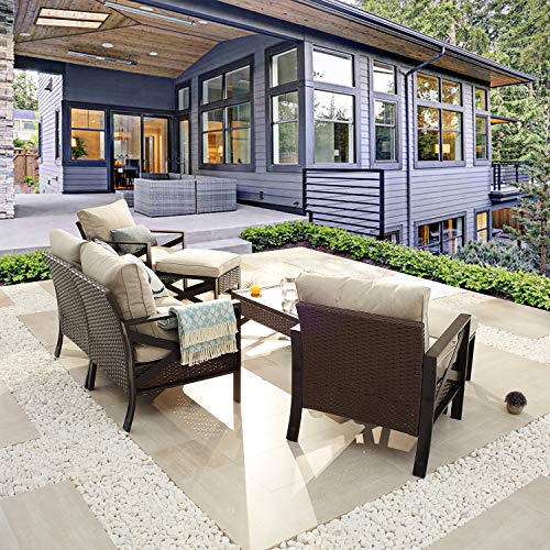 Festival Depot 7 Pcs Patio Outdoor Furniture Loveseat Conversation Set Sectional Sofa with All-Weather Brown Wicker Back Chair, Coffee Table, Ottoman and Removable Couch Cushions 