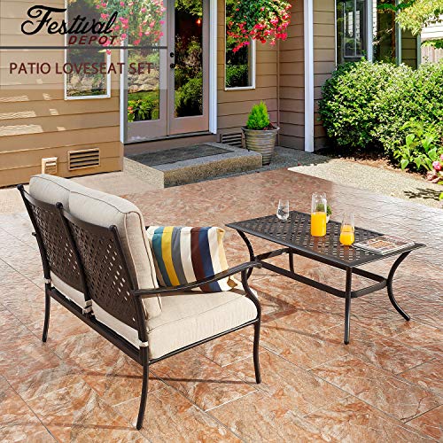 Festival Depot 2Pcs Patio Loveseat Set with Thick Cushions and Coffee Table Outdoor Metal Frame Seating Bench for Garden Bistro, Beige