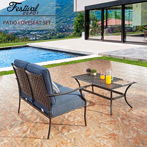Festival Depot 2Pcs Patio Loveseat Set with Thick Cushions and Coffee Table Outdoor Metal Frame Seating Bench for Garden Bistro, Beige 