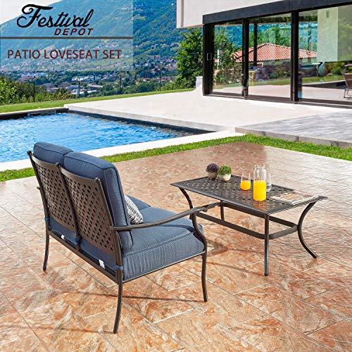 Festival Depot 2Pcs Patio Loveseat Set with Thick Cushions and Coffee Table Outdoor Metal Frame Seating Bench for Garden Bistro, Beige