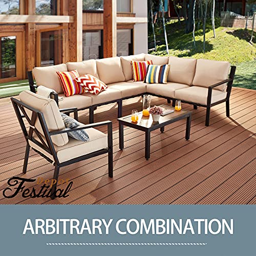 Festival Depot 7 Pieces Patio Furniture Set All-Weather Polyester Fabrics Metal Frame Sofa Outdoor Conversation Set Sectional Corner Couch with Cushions & Coffee Table for Deck Poolside Balcony(Beige) 