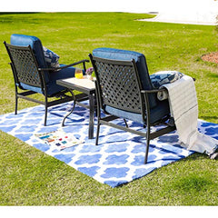 Festival Depot 3-Piece Outdoor Patio Furniture Arm Dining Chairs Set Garden Bistro Porch Deck Yard Square Metal Table and Seating Set with Thick Cushions (3pc Patio Conversation Set2, Blue)