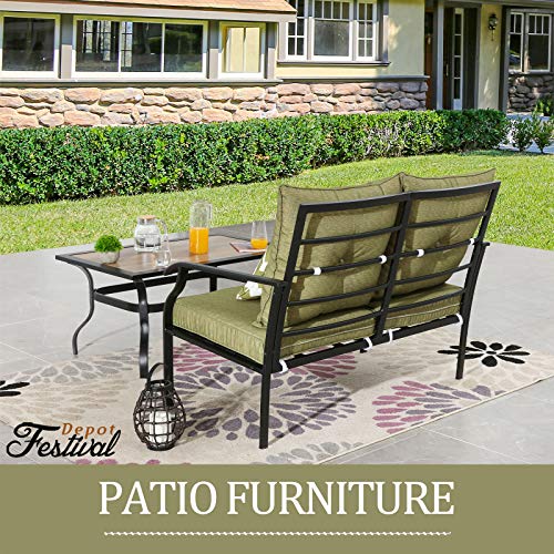 Modern Garden Metal Loveseat Set with Cushions and Coffee Table 