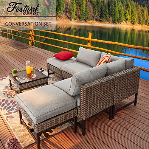 Festival Depot 6 Pieces Patio Outdoor Furniture Conversation Set Sectional Corner Sofa with Wicker Chairs, Ottomans,Coffee Side Table and Seating Thick Soft Cushion (Gray)