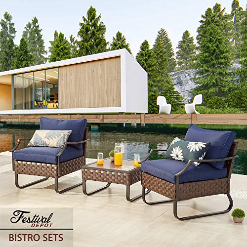 3-Piece Bistro Patio Set Soft&Deep Cushion Wicker Rattan Chair with Curved Armrest Square Wood Grain Desktop Table 