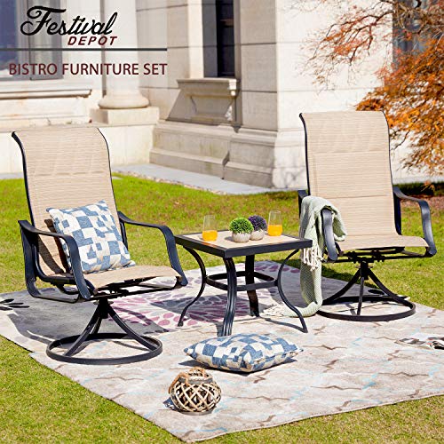 Stylish 3-Piece Outdoor 360° Swivel Armrests Dining Chairs Set with High Back Textilene Fabric and Square Coffee Table