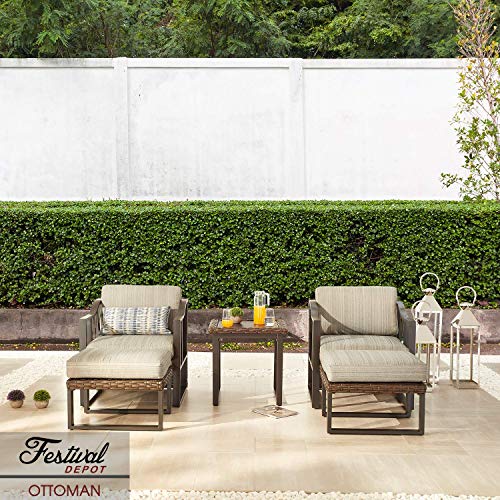 Festival Depot Patio Ottoman Wicker Footstool with Thick Cushion Metal Frame Outdoor Furniture for Deck Yard All Weather (Grey) 