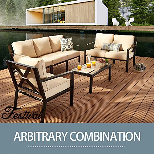 Festival Depot 5 Pieces Patio Furniture Set All-Weather Polyester Fabrics Metal Frame Sofa Outdoor Conversation Set Sectional Corner Couch with Cushions & Coffee Table for Deck Poolside Balcony(Beige)