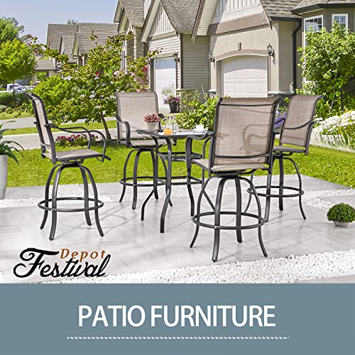 Festival Depot 3 Pcs Patio Bistro Bar Set High Stools Outdoor Furniture with 360° Swivel Armrest Chairs, Coffee Table with Tempered Glass Desktop, Metal Frame for Deck Poolside Garden Porch