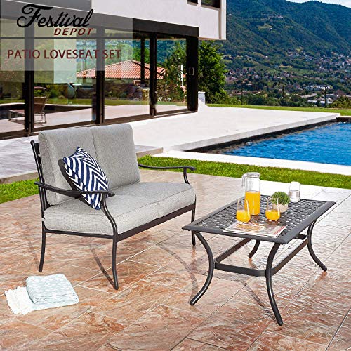 Festival Depot 2Pcs Patio Loveseat Set with Thick Cushions and Coffee Table Outdoor Metal Frame Seating Bench for Garden Bistro, Beige