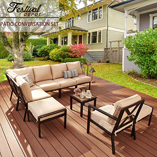 Festival Depot 9-Pieces Patio Outdoor Furniture Conversation Sets Sectional Corner Sofa, All-Weather Black X Slatted Back Chairs with Coffee Side Table and Thick Soft Removable Couch Cushions (Beige)