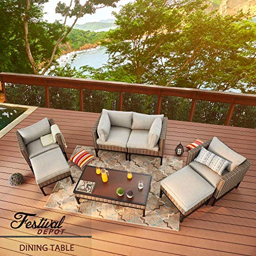 Festival Depot Patio Table Rattan Woven Wicker Coffee Table with Aluminum Tabletop and U Shaped Leg All Weather Outdoor Furniture for Backyard Porch Garden