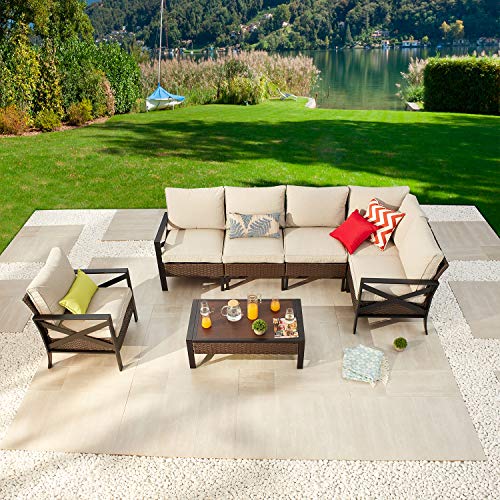 Festival Depot 7 Pcs Patio Outdoor Furniture Conversation Set Sectional Corner Sofa with All-Weather Brown Wicker Back Chair, Coffee Side Table, Ottoman and Soft Thick Removable Couch Cushions 