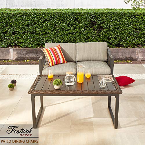 Festival Depot Dining Outdoor Patio Bistro Furniture Right Curved Armrest Section Chairs Wicker Rattan Premium Fabric Soft 5.5" Cushions with Metal Steel Frame Legs for Garden Poolside All-Weather