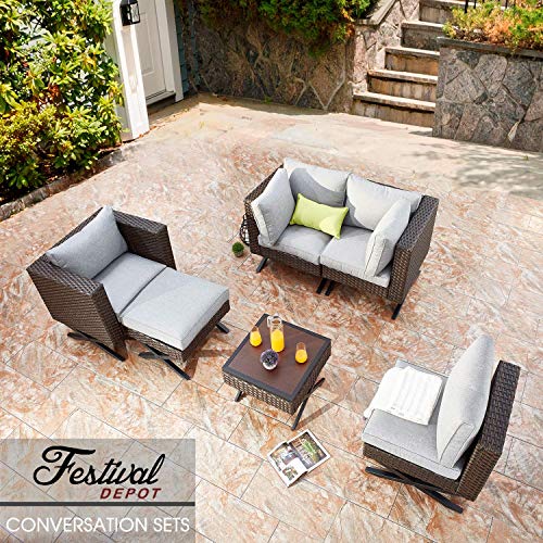 Festival Depot 6-Piece Bistro Outdoor Patio Furniture Conversation Set Wicker Rattan Corner ArmChairs Ottoman with 3.1" Cushion Square Wood Grain Top Side Coffee Table with X Shaped Slatted Steel Legs