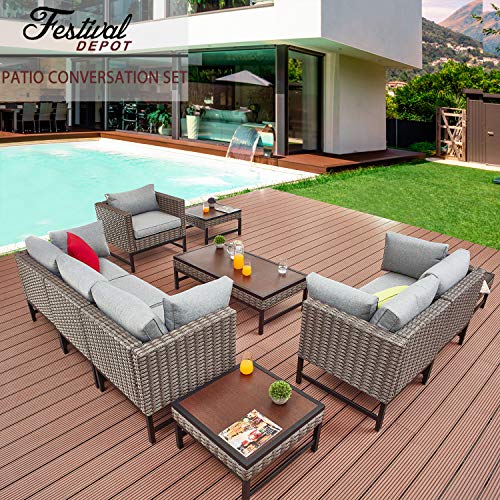 Festival Depot 10 Pieces Patio Conversation Set Outdoor Furniture Combination Sectional Sofa Loveseat All-Weather Woven Wicker Metal Armchairs with Seating Back Cushions Side Coffee Table,Gray