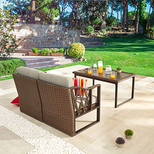 Festival Depot 3pcs Outdoor Furniture Patio Conversation Set Sectional Sofa Chairs All Weather Brown Rattan Wicker Slatted Coffee Table with Grey Thick Seat Back Cushions, Black