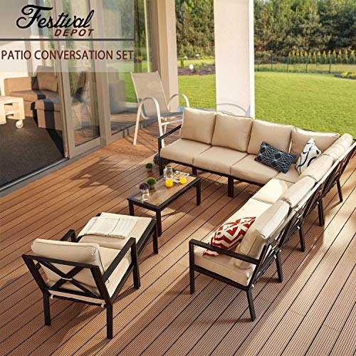 Festival Depot 10-Pieces Patio Outdoor Furniture Conversation Sets Sectional Corner Sofa, All-Weather Black X Slatted Back Chairs with Coffee Side Table and Soft Removable Couch Cushions (Beige) 