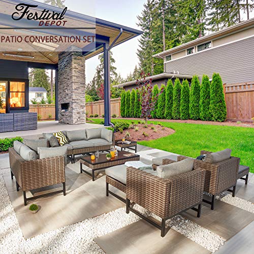 Festival Depot 12 Pieces Patio Conversation Set Outdoor Furniture Combination Sectional Corner Sofa All-Weather Woven Wicker Metal Armchairs with Seating Back Cushions Side Coffee Table Ottoman,Gray 
