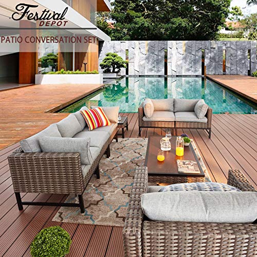 Festival Depot 8 Pieces Outdoor Furniture Patio Conversation Set Combination Sectional Sofa Loveseat All-Weather Wicker Metal Armchairs with Seating Back Cushions Side Coffee Table,Gray 
