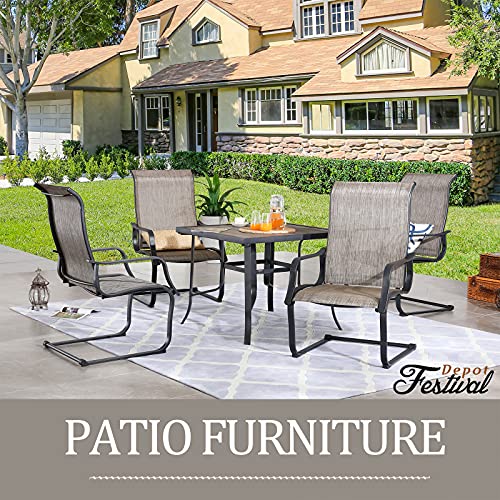 Festival Depot 5Pcs Patio Dining Set of 4 High Back Chairs with Textilene Fabric and 1 Square Metal Table with Wood-Like DPC Tabletop and Curved Steel Legs for Backyard Deck Garden