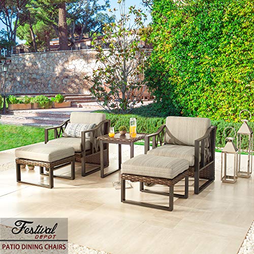 Festival Depot Dining Outdoor Patio Bistro Furniture Armchairs Wicker Rattan Premium Fabric Soft 5.5" Cushions with Metal Steel Frame Leg for Garden Poolside All-Weather 28.5"(D) x 28.1"(W) x 28.4"(H) 