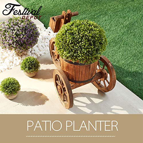 Festival Depot Outdoor Wooden Wagon Tricycle Planter Flower Pot Holder with Bucket Wheels Garden Decorative Barrel Stand for Patio Deck Lawn 