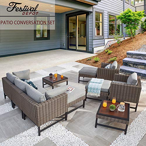 Festival Depot 10 Pieces Outdoor Furniture Patio Conversation Set Combination Sectional Sofa Loveseat All-Weather Wicker Metal Chairs with Seating Back Cushions Side Coffee Table,Gray 