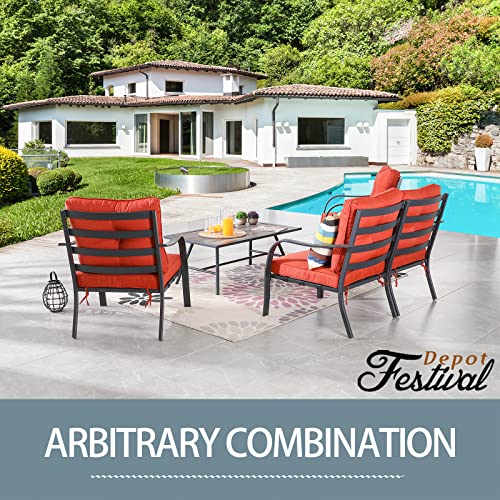 Festival Depot 5 Pcs Patio Conversation Set Sectional Sofa Chair Outdoor Furniture All-Weather Bistro Set with Armchair Left-arm&Right-arm Chair Side Coffee Table for Garden Porch Deck Backyard (Red)