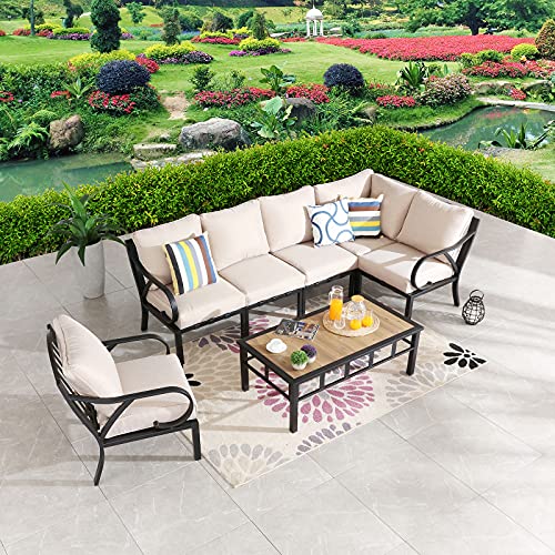 Festival Depot 7pcs Patio Conversation Set Sectional Metal Chairs with Cushions All Weather Corner Sofa and Coffee Table Outdoor Furniture for Garden Backyard Balcony, Beige