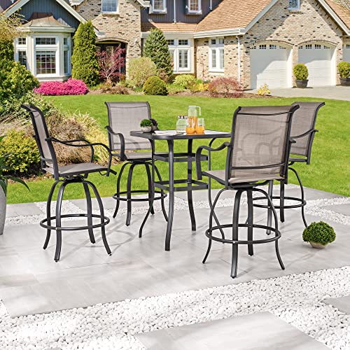 Festival Depot 5 pcs Bar Bistro Patio Outdoor Dining Furniture Sets High Stools 360° Swivel Chair with Slatted Steel Curved Armrest Coffee Table Tempered Glass Desktop (4 Chairs,1 Table)