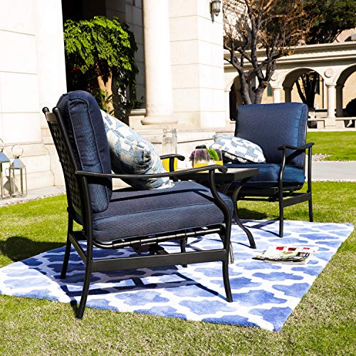 Festival Depot 3-Piece Outdoor Patio Furniture Arm Dining Chairs Set Garden Bistro Porch Deck Yard Square Metal Table and Seating Set with Thick Cushions (3pc Patio Conversation Set2, Blue)