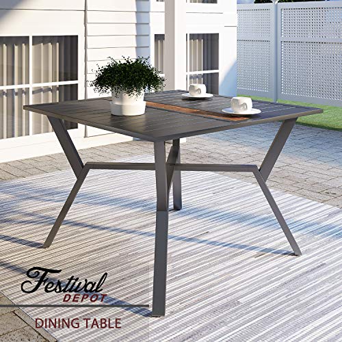 Festival Depot Dining Outdoor Square Side Coffee Table with 1.5" Umbrella Hole Metal Patio Bistro Slatted Tabletop with Steel Legs Modern Furniture 36"(W) x 36"(D) x 28.5"(H),Black Grey
