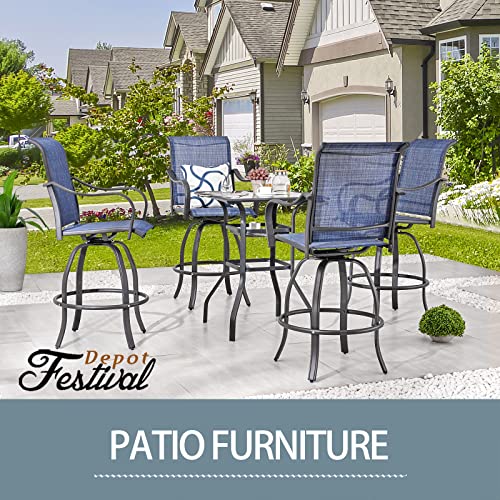 Festival Depot 3 Pcs Patio Bistro Bar Set High Stools Outdoor Furniture with 360° Swivel Armrest Chairs, Coffee Table with Tempered Glass Desktop, Metal Frame for Deck Poolside Garden Porch