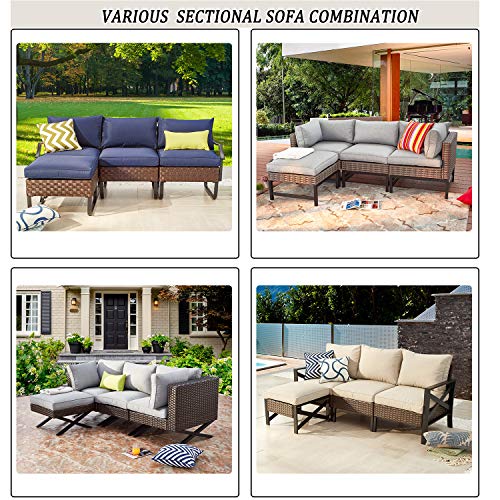 Festival Depot 4-Piece Patio Sectional Corner Sofa Set Outdoor All-Weather Metal Chairs for Porch Lawn Garden Balcony Pool Backyard, Grey Cushions, Black 
