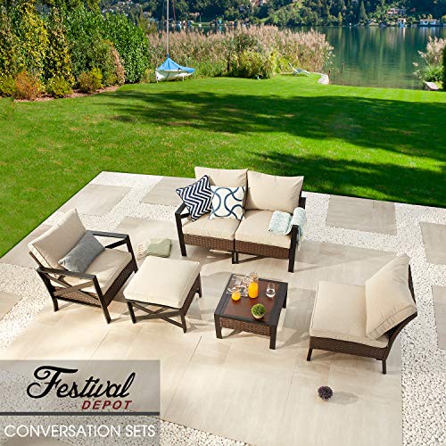 Festival Depot 6-Piece Bistro Outdoor Patio Furniture Conversation Set Wicker Rattan X-Arm Corner Chairs Ottoman with Cushion Square Wood Grain Top Side Table with Side X Shaped Slatted Steel Legs