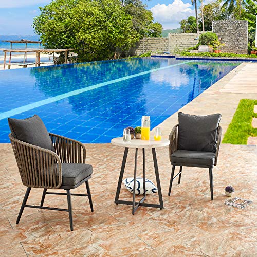 Festival Depot 3 Pcs Patio Bistro Set Outdoor Furniture with 2 Rattan Wicker Chair, Seat and Back Cushion and 1 Wood Grain Desktop Coffee Table