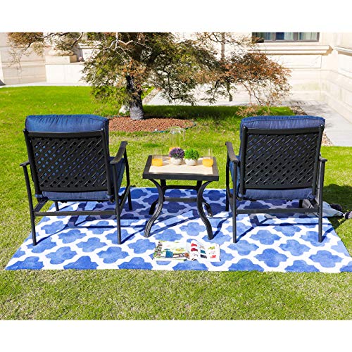 Festival Depot 3-Piece Outdoor Patio Furniture Arm Dining Chairs Set Garden Bistro Porch Deck Yard Square Metal Table and Seating Set with Thick Cushions (3pc Patio Conversation Set2, Blue)