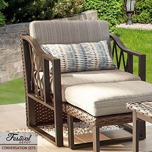 Festival Depot 5 Pcs Bistro Outdoor Patio Furniture Conversation Set Wicker Rattan Armchairs Rectangle Ottoman with Premium Fabric Cushion Square Side Coffee Table with Metal Slatted Steel Legs Frame