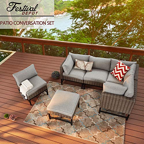 Festival Depot 6 Pieces Patio Outdoor Furniture Conversation Set Sectional Corner Sofa Wicker Chairs Ottomans with Metal Frame Furniture Seating Thick Soft Cushion (Gray) 