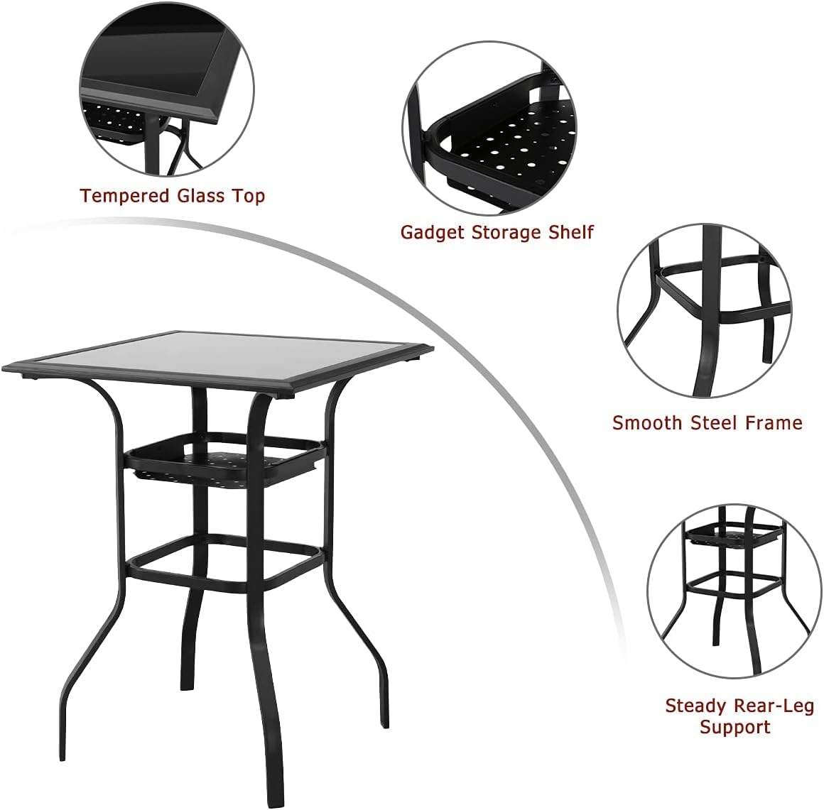 Festival Depot 3 Pcs Patio Bistro Bar Set High Stools Outdoor Furniture with 360° Swivel Armrest Chairs, Coffee Table with Tempered Glass Desktop, Metal Frame for Deck Poolside Garden Porch
