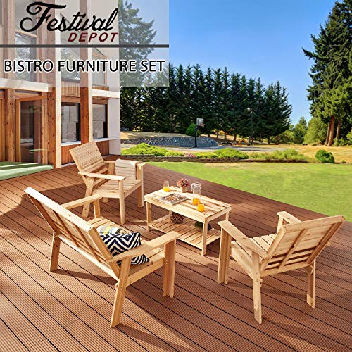 Festival Depot 4 Pieces Patio Furniture Outdoor Conversation Set Wood Armrest Loveseat Lounge Chair Stars and Strips Printing Dining Coffee Side Table 