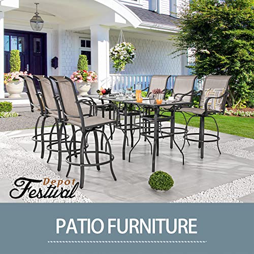 Festival Depot 3 Pcs Patio Bistro Bar Set High Stools Outdoor Furniture with 360° Swivel Armrest Chairs, Coffee Table with Tempered Glass Desktop, Metal Frame for Deck Poolside Garden Porch