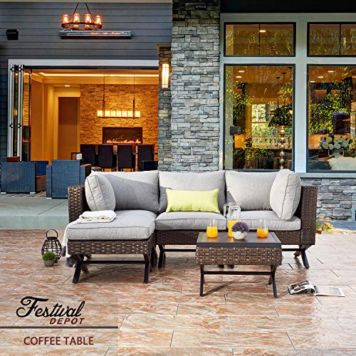 Festival Depot Coffee Dining Bistro Outdoor Side Patio Furniture Table Wicker Rattan Wood Grain Desktop Square with X Shaped Slatted Steel Legs Poolside Garden All Weather 22"(L) x 22"(W) x 14.7"(H) 