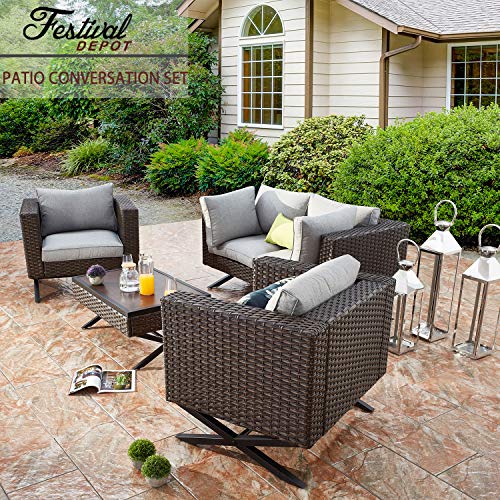 Festival Depot 5 Piece Patio Outdoor Furniture Conversation Set Wicker Rattan Armchair Corner Sofa and Coffee Table X Shaped Slatted Steel Frame Leg for Porch Lawn Garden Balcony Pool Backyard